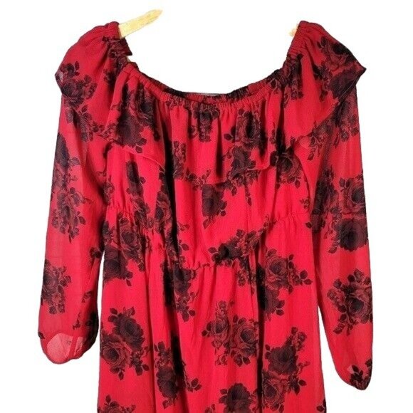 Torrid Floral Dress Red Black SZ 0 Large Off Shoulder Party Skater Cocktail NEW - Picture 2 of 7